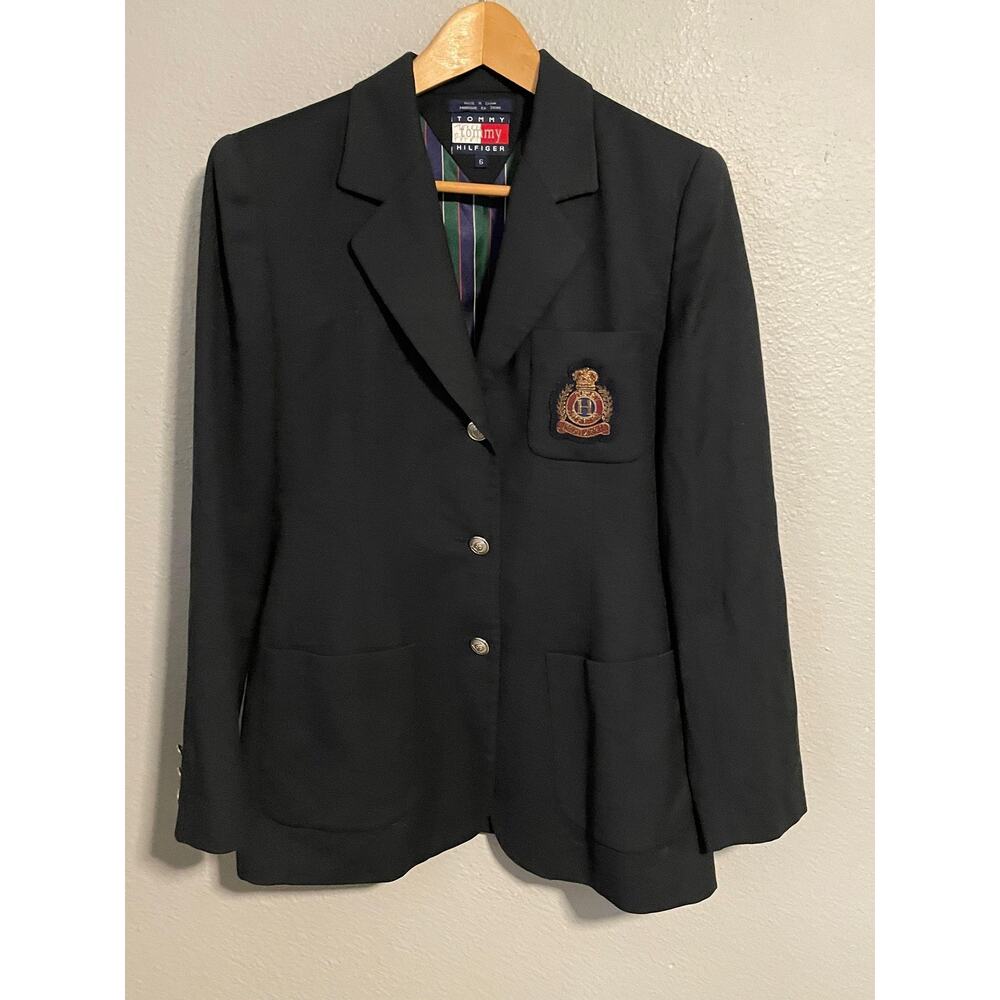 Vintage Tommy Hilfiger Blazer Womens 6 Blue Wool Crest Patch Preppy Jacket 90s